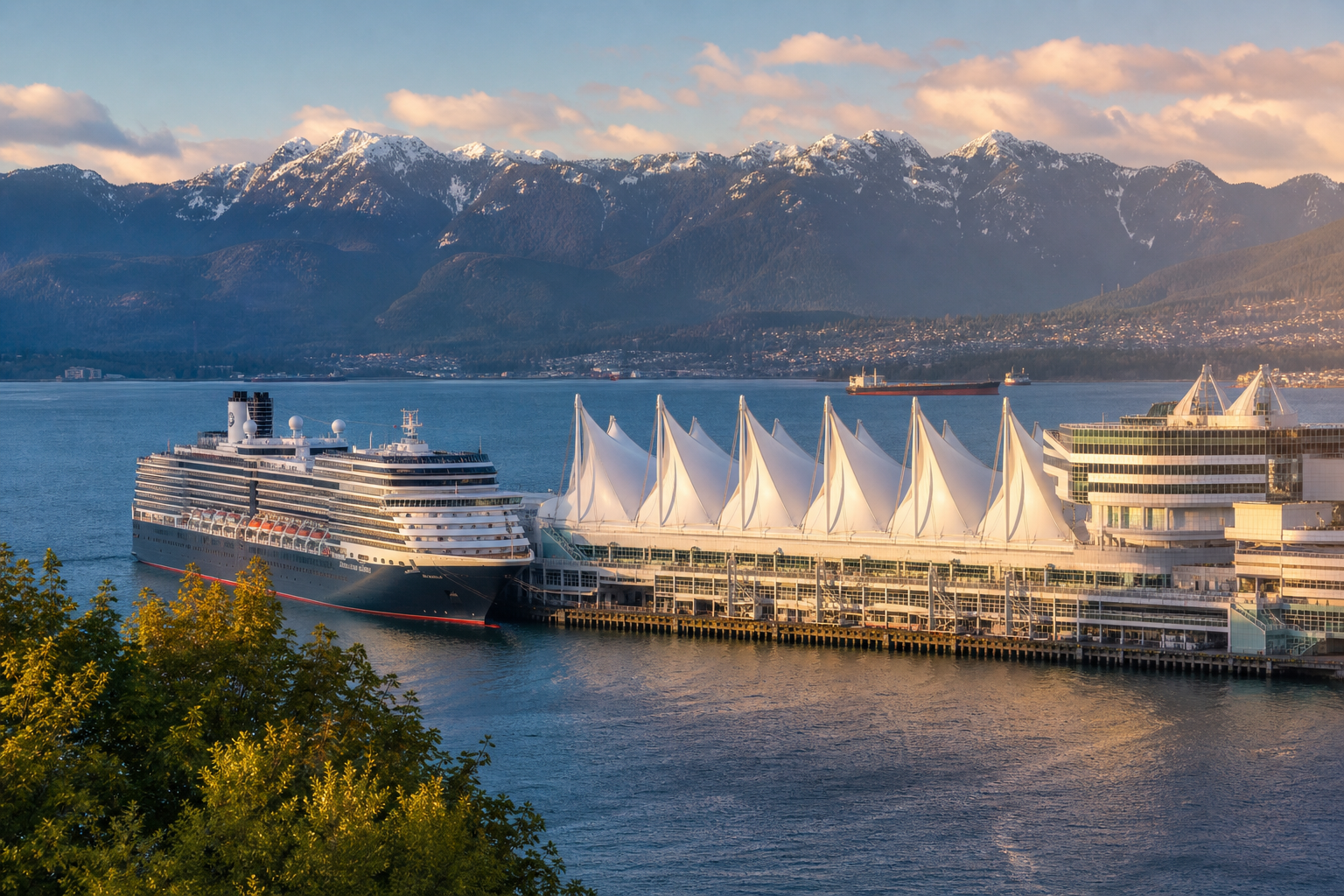 Canada Place cruise terminal with white sail-shaped roof, cruise ship at Vancouver waterfront, and North Shore mountains across Burrard Inlet